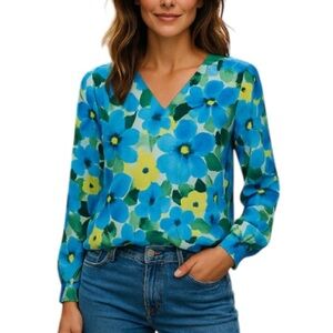 Suzy Shier Floral Chiffon Tunic Top Bright Blue Yellow Crossover Hi Low Hem M